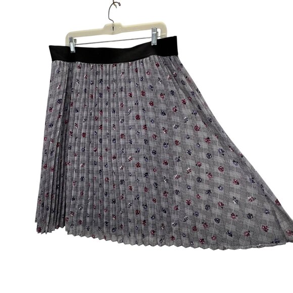 Elle Pleated Midi Skirt Gray XL Houndstooth Floral Print Elastic Waist Pull On - Picture 1 of 6